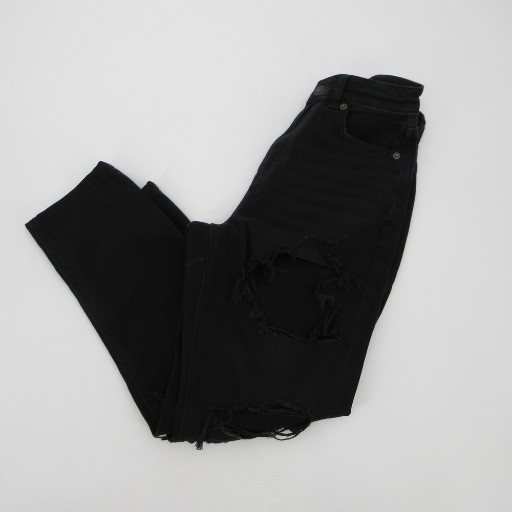 American Eagle Womens Mom Jeans Black Distressed High Rise Size 2 Regular